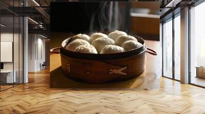 Chinese style minced pork steamed bun with steam smoke in bamboo basket Wall mural