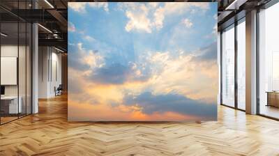 sunset / sun rise sky with rays of yellow and red light shining clouds and sky background and texture Wall mural