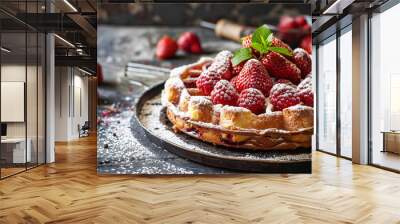  Strawberry tart. A delicious strawberry tart with fresh strawberries on top and a golden crust.. Wall mural