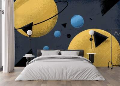 Abstract planets. Abstract art with two gold planets and blue orbs, suggesting the cosmos and outer space. Wall mural