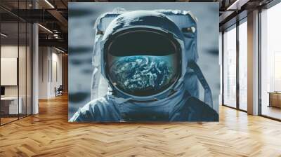 Astronaut gazing at earth from space. Close-up of an astronaut's helmet reflecting Earth from outer space. Wall mural