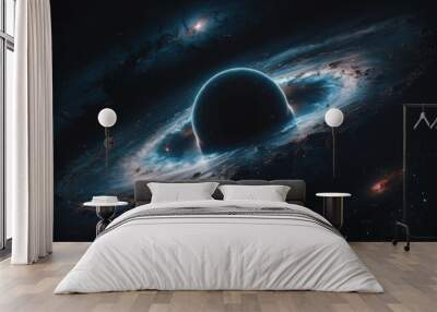 Black hole galaxy. A celestial spectacle of a black hole in a spiral galaxy. The black hole's intense gravity warps the fabric of space and time, creating a swirling vortex of light and matter. Wall mural