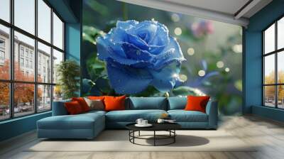 Blue rose in bloom. A single blue rose blooms with water droplets, evoking freshness and tranquility in a garden setting. Wall mural