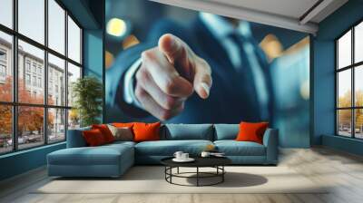 Businessman pointing finger forward. Close-up of a businessman in a suit pointing his finger forward, focus on the hand, with a blurred office background. AI generative.. Wall mural