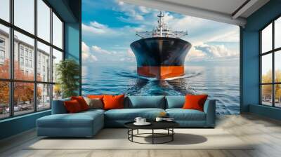 Cargo ship sailing on calm sea. A large cargo ship sails on a calm sea, with blue skies and fluffy clouds in the background. Wall mural