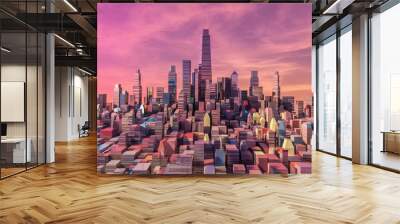 Cityscape sunset panorama. Stunning urban sunset view.  Modern metropolis at dusk, symbolizing progress and ambition. Wall mural