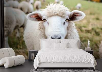 Close up sheep in field. Sheep standing in a field with green grass and dry foliage. The sheep is looking directly at the camera with an inquisitive expression. Wall mural