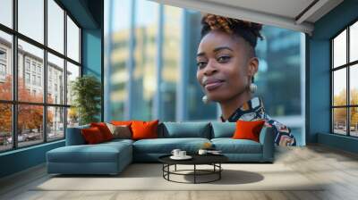 Confident businesswoman portrait in city. Young black woman with shaved sides and curly hair, wearing earrings and a colorful shirt, smiles confidently in front of a modern office building. Wall mural