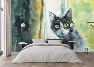 Curious cat peeking through window. A black and white feline with green eyes gazes through a window with a curious expression, its head tilted, in a captivating watercolor illustration. Wall mural