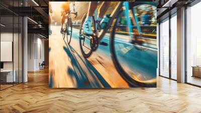 Cycling race at sunset. Cyclists racing on a road at sunset, creating a sense of speed and motion. Wall mural