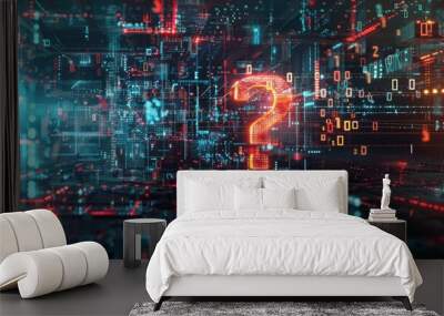 Digital question mark technology uncertainty. A glowing orange question mark floats within complex binary code, symbolizing uncertainty in a technological world. Wall mural