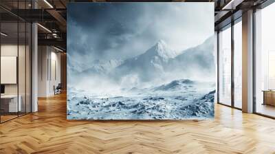 Frozen mountain landscape. A cold and desolate frozen landscape with snow capped mountains and a snowstorm approaching. Wall mural