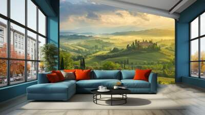 Golden sunrise over the rolling hills of Tuscany, Italy, featuring a picturesque villa, vineyard, and cypress trees, capturing the beauty of the Italian countryside. Wall mural