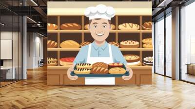 Happy baker holding bread. Baker in apron holding tray full of fresh, delicious bread in bakery shop. Wall mural