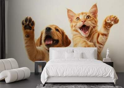 Happy dog and cat playing together. A playful golden retriever and a ginger cat give a high-five, demonstrating the strong bond between pets. Wall mural