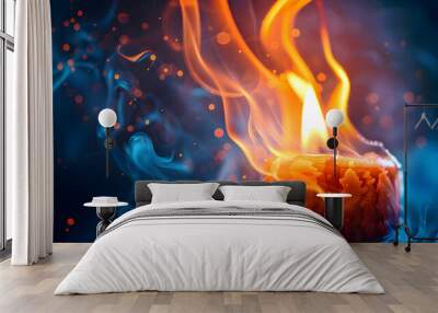 lit candle with flames and smoke. A lit candle burns brightly, its flames flickering and smoke swirling in the air, creating a warm and tranquil atmosphere.. Wall mural