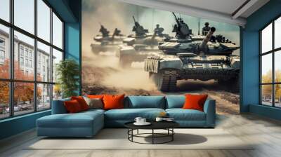 Military tanks on the move. Powerful image of military tanks advancing on a dusty battlefield, showcasing the strength and might of the armed forces. Wall mural