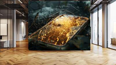 Spider web entrapment. A creepy image of a spider web ensnaring a device, hinting at digital entrapment or a sense of vulnerability in the digital age. Wall mural