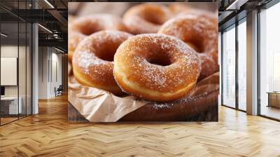 sugar-coated donuts in a wooden bowl. a close-up of freshly baked donuts generously coated with suga Wall mural