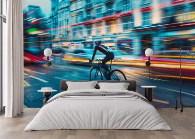 Urban cyclist in motion blur. A cyclist speeds through city streets, creating a dynamic blur of lights and motion. Wall mural