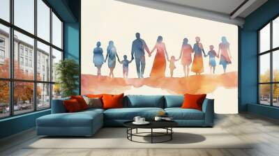 Watercolor family holding hands together. Colorful watercolor silhouette of a large family holding hands together, symbolizing unity, love, and support. Wall mural