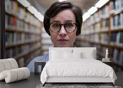 Woman in library. A woman with glasses looking thoughtfully in a library, with rows of books behind her. Wall mural