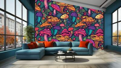 Happy Mushrooms seamless pattern design, Psychedelic Decorative in Neon Colors
 Wall mural