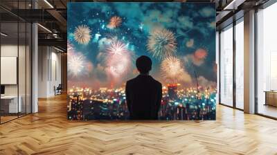 Silhouette of people watching firework display in the night sky. New year eve celebration concept. Wall mural