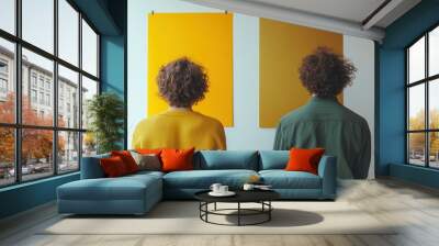 Two curly hair people are hanging up two color swatches on the wall on a white background. Wall mural