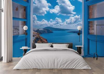 View of hillside from an open window. Open blue window showing a beautiful view of Santorini. Wall mural