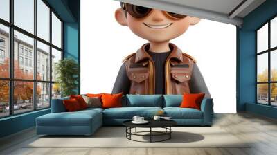 Cheerful young boy in casual attire and eyeglasses in a stylized 3D cartoon like portrayal conveying a sense of adventure curiosity and imagination Wall mural