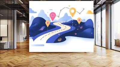 Minimalist flat design of a roadmap with clear steps and waypoints representing a guided journey or planning process  The image features a simple clean layout on a white background Wall mural