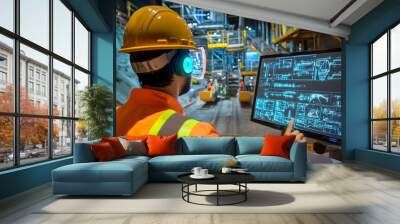 Photograph of workers operating heavy industrial machinery and equipment in a factory or warehouse environment with a digital control panel or dashboard visible on the screen Wall mural