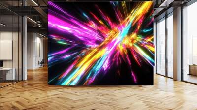 Abstract digital art of bright neon lines of light against a black background. Wall mural