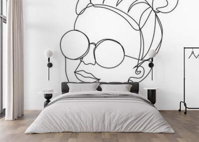 Young fashion woman with glasses one line drawing on white isolated background.  Wall mural