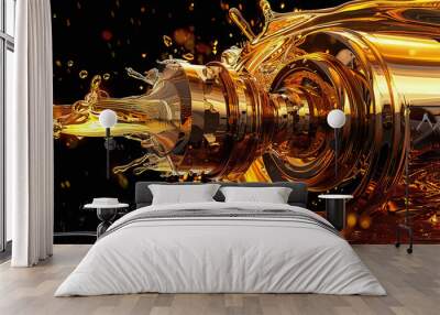 3D car hydraulic pump, Oily yellow-orange liquid splashes next to the car hydraulic pump, on a black background Wall mural