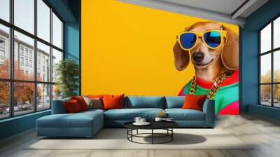 a dachshund dressed in 80s hip-hop attire, complete with oversized sunglasses and gold chains Wall mural