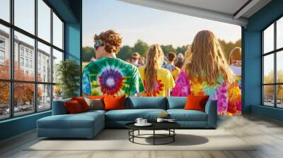 a group of friends at a music festival, all wearing different styles of tie-dye clothing - from t-shirts to dresses to accessories Wall mural