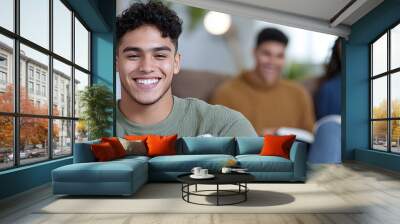 a group of happy hispanic university students studying with books Wall mural