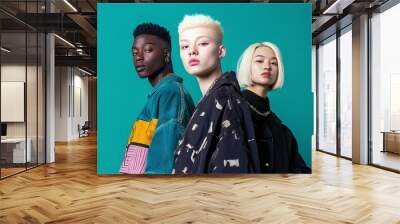 a group portrait of three young individuals of different races (Black, albino White, and Asian) in stylish urban clothing Wall mural