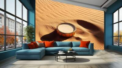 a lone tambourine lying in the desert sand, its jingles catching the light of the setting sun Wall mural