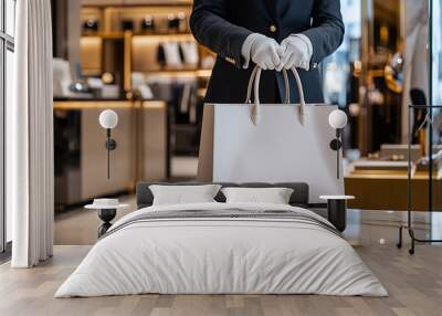 a personal shopper carefully selecting luxury items in a high-end boutique, with a shopping bag in hand Wall mural