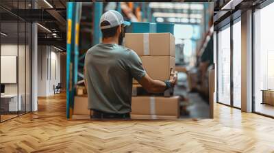 a relocation company worker packing things into boxes at a warehouse Wall mural