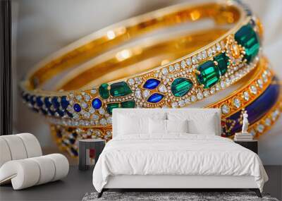 a stack of colorful bangles with a henna-decorated hand, representing Indian fashion and art Wall mural