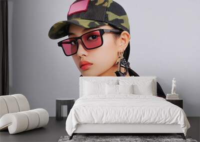 an East Asian model dressed in a bold 90s street fashion outfit, exuding a unique style with accessories that give a futuristic vibe Wall mural