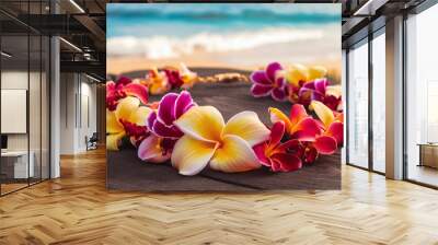 beautiful hawaiian colorful flowers necklace, with views to the hawaiian beach, summer vacations Wall mural