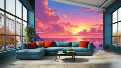 beautiful sunset over the sea vector illustration, lofi zen vibes Wall mural