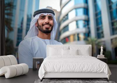 close-up of Middle Eastern Arab man wearing traditional Emirati kandora clothing in the city Wall mural