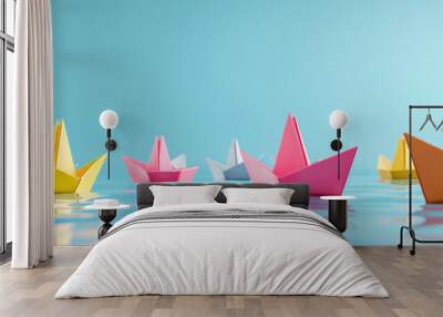 colorful paper boats floating in a toy river, set against a light blue background Wall mural