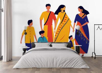 colorful vector illustration of a family inIndian attire, with parents and children wearing saris and kurta-pajamas, isolated on white background Wall mural